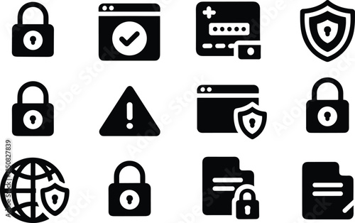 Cyber security and data protection icons set with locks shields passwords and warning symbols, black minimalist illustration