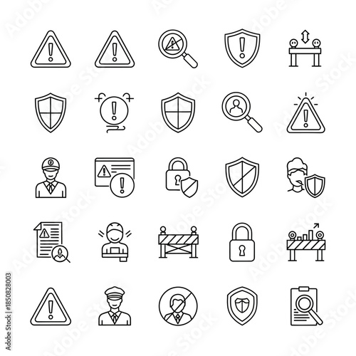 Collection of security and caution icons depicting alerts, protection, and safety measures