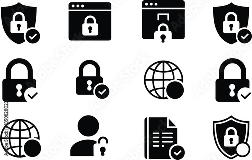 Cyber security and data protection icons set with locks shields passwords and warning symbols, black minimalist illustration