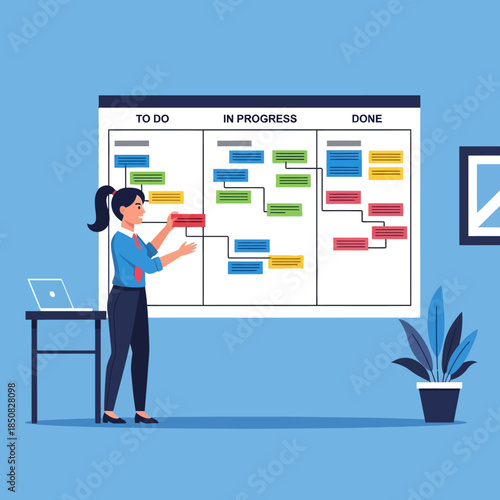 Woman in blue shirt organizing tasks on a Kanban board in a bright office environment