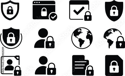 Cyber security and data protection icons set with locks shields passwords and warning symbols, black minimalist illustration