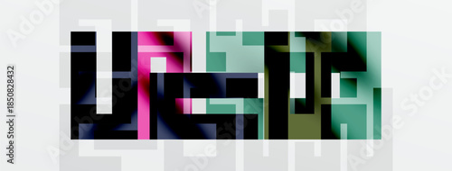 Abstract colorful blocks form letter shapes. Pink, teal, black hues dominate white background. Pixelated design suggests digital origin.