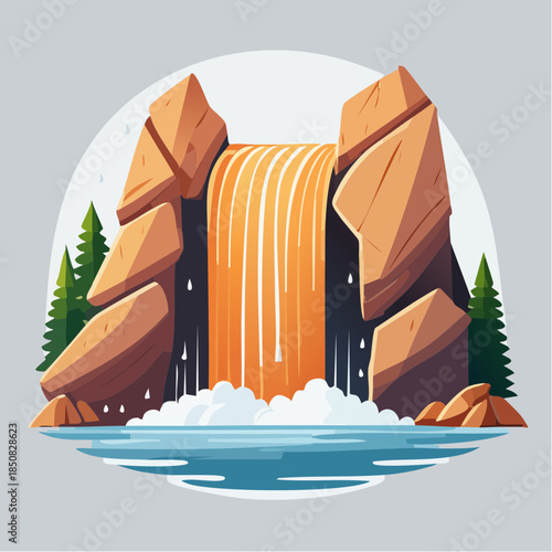 Cartoon illustration of a waterfall cascading between rocky cliffs into a pool of water.