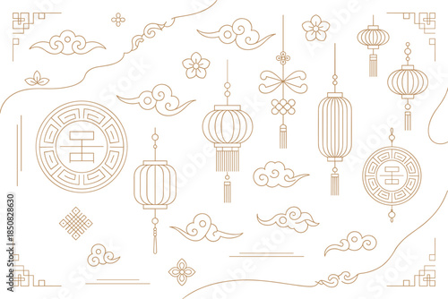 Elegant Chinese traditional line art pattern with lanterns clouds flowers and auspicious symbols, oriental decorative background illustration