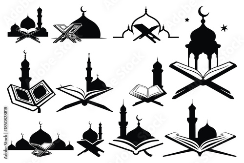 Islamic symbols and architecture in black and white silhouettes