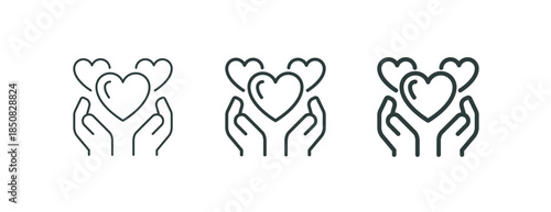 Gesture charity message love and care, caring hands donation or healthcare outline icon. Minimalist line sign heart in hands two hands holding a three symbols heart. Vector isolated pictogram for web.