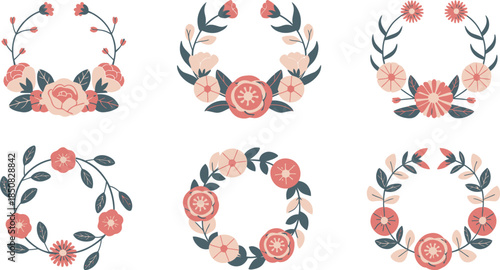 Set of stylized floral wreaths with pastel colored flowers and leaves on transparent background for decoration