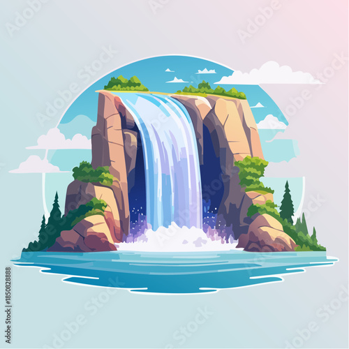 Cartoon illustration of a waterfall cascading over a rocky cliff into a pool of water.