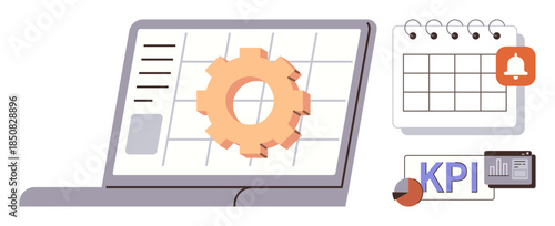 Laptop with settings gear, calendar with alarm, KPI dashboard. Ideal for project management, workflow, analytics, data monitoring, productivity planning performance. Simple flat metaphor