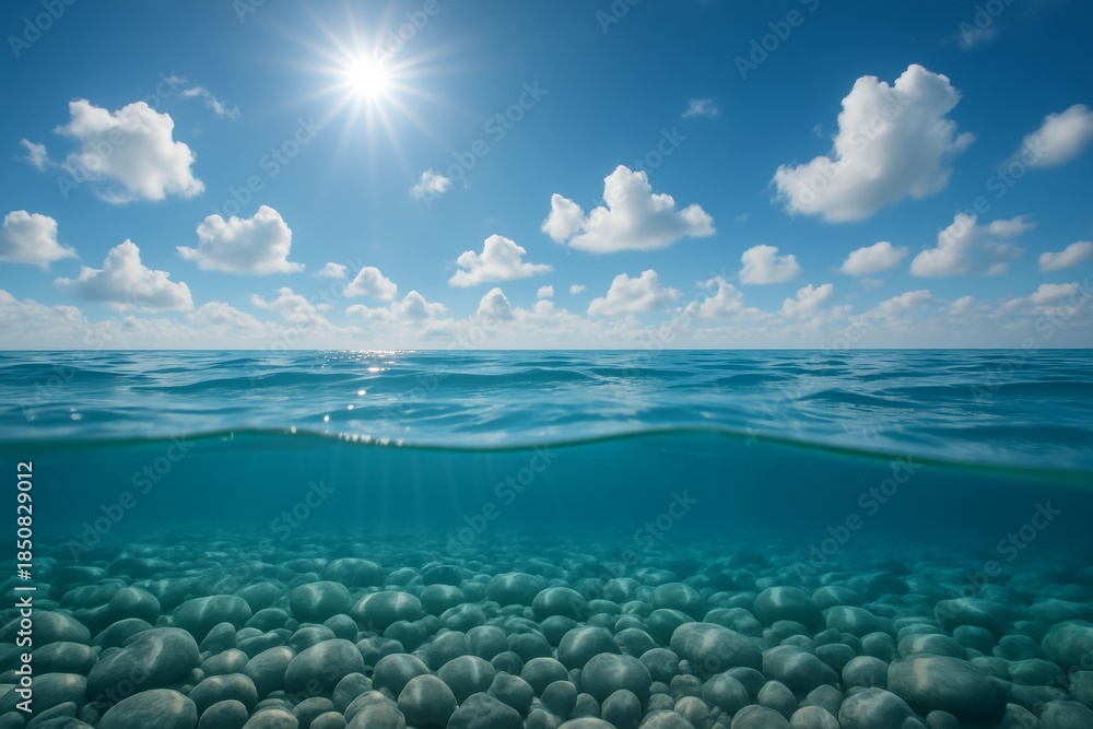 Obraz premium Crystal clear ocean with sunlit water surface and round stones beneath under blue sky with clouds, split view concept, peaceful marine background scene. Ai generative
