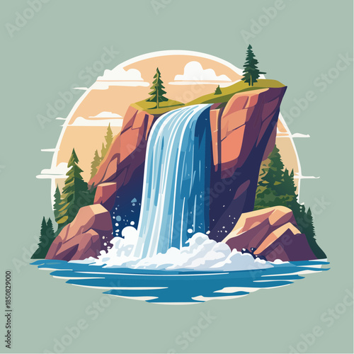 A vibrant cartoon illustration of a waterfall cascading down a rocky cliff into a serene pool.