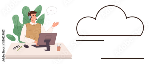 Person using headset at desk for customer service with large cloud symbol. Ideal for communication, technology, support, connectivity, cloud computing, remote work. Presents a simple flat metaphor