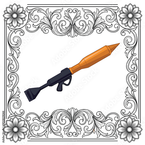 Colored rocket launcher in orange and black within an ornate floral border weapon military
