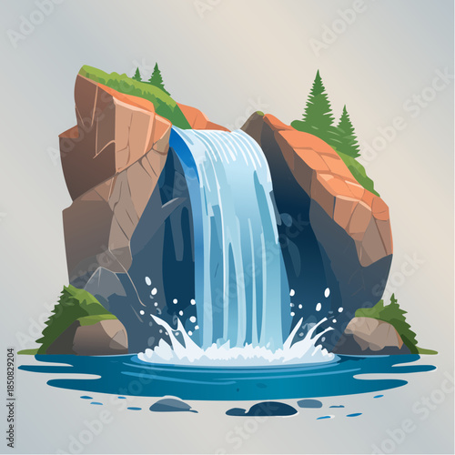 Cartoon waterfall cascading between rocks into a pool of water.