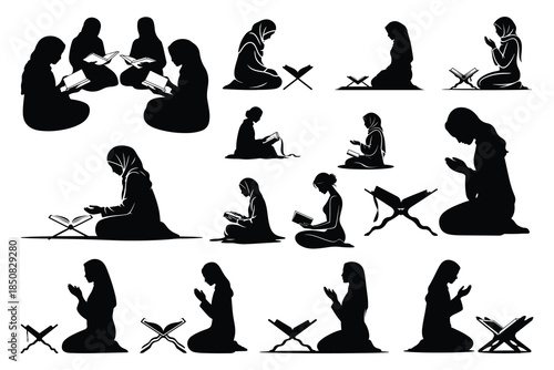 Women Reading and Praying with Holy Books Silhouettes