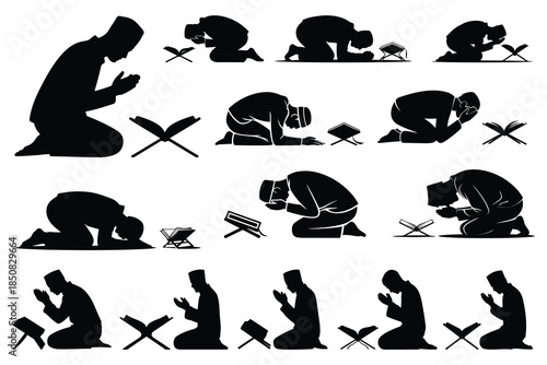 Silhouettes of People Performing Islamic Prayer Rituals with Prayer Rugs and Qurans