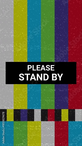 Retro TV Test Pattern Color Bars And Warning Text Please Stand By. Tv screen error broadcast. Classic television test pattern with colorful vertical bars and 