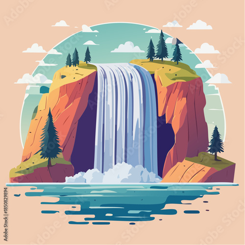 Waterfall cascading down a cliff into a pool, surrounded by trees and clouds.