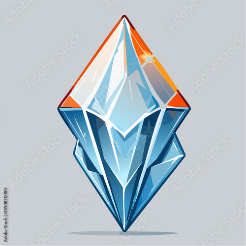 A stylized, multi-faceted crystal or gem with a blue and white gradient, set against a light gray background.