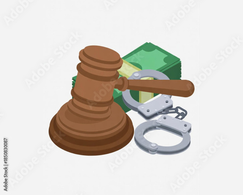 Gavel, handcuffs, and money representing legal and financial justice