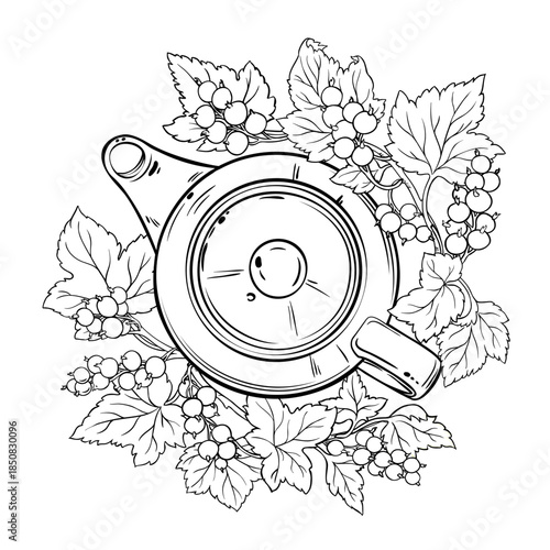 Black Currant Tea in Teapot aroma beverage Outline Illustration. Vector isolated for Design and Decoration for Cafeteria, Posters, Banners, Cards.