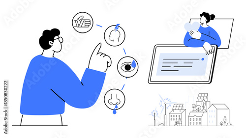 Multisensory technology. Visual, auditory, and tactile elements integrating for advanced multisensory technology. Multisensory technology enhancing digital communication, virtual environments, and UX