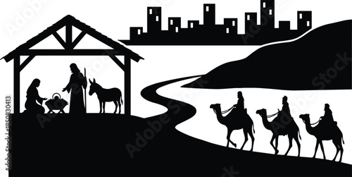 Nativity scene silhouette with three wise men approaching a city with hills Keywords: nativity scene, silhouette, christmas, jesus