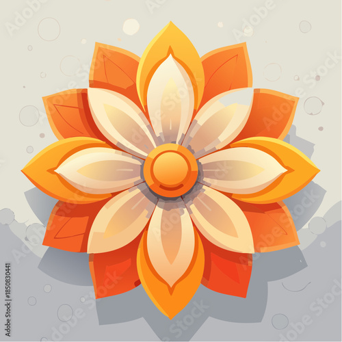 Stylized orange and cream flower with a central button, casting a soft shadow on a neutral background.
