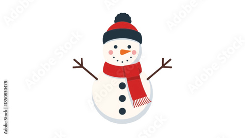 A snowman dressed in a red hat and scarf, standing with outstretched twig arms. The snowman has a cheerful face with a carrot nose and button eyes