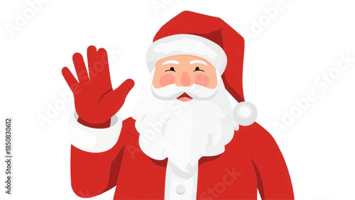 Santa Claus in a cheerful wave, festive attire and welcoming expression, ready for Christmas greetings