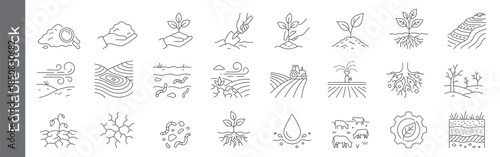 Soil, farming and agriculture line icon set – editable outline symbols of planting, roots, irrigation, earthworm, drought and crop field