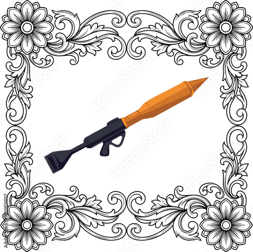 Rocket Launcher Weapon Inside Ornate Floral Border Frame on White Background Keywords: rocket launcher, weapon, firearm, military