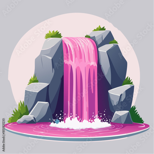 Cartoon illustration of a pink waterfall cascading over gray rocks into a pink pool.