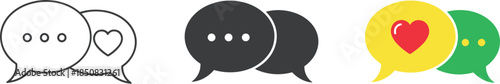 Three speech bubbles show different styles, including outline, solid, and color, with one featuring a heart, isolated on white background