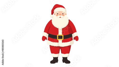 A illustration of Santa Claus with a jolly expression, wearing a red suit and hat. He has a long white beard and black boots.