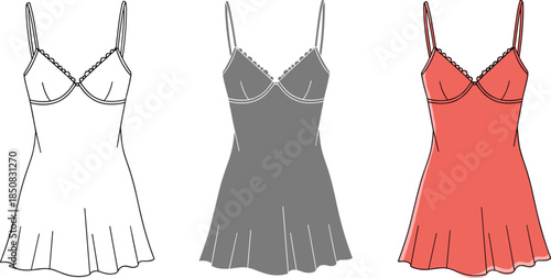 Fashion illustration of a womens nightgown isolated on white background technical drawing of a nightdress with thin straps and a frill on the hem