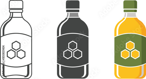 Three honey bottles isolated on white background, each showcasing a different style outline, solid fill, and vibrant color, all featuring a honeycomb symbol