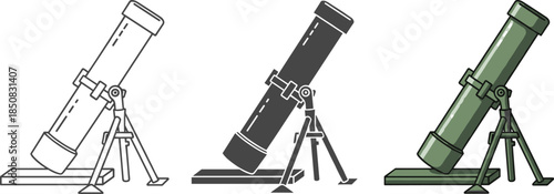 Mortar line icon set military mortar outline, silhouette and color version heavy infantry weapon isolated on white background vector illustration