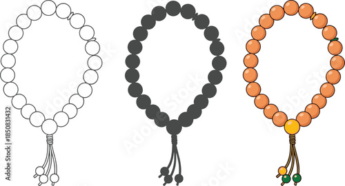 Set of prayer beads isolated on white background tasbih, misbaha, rosary islamic, buddhism, hinduism symbol spiritual accessory for meditation and worship