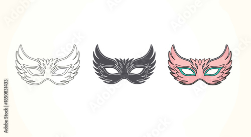 Three carnival masks in different styles isolated on white background hand drawn vector illustration of masquerade masks for party, festival or celebration