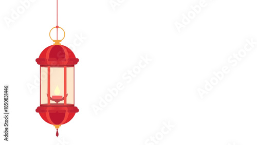 A red lantern with a soft glow illuminates the scene, creating a sense of warmth and tranquility. It is suspended from above, with intricate details adding to its charm