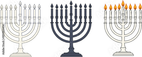 A set of three menorahs, each representing a different stage of the hanukkah celebration, isolated on white background