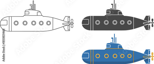 Submarine vector icon set isolated on white background underwater ship, navy boat, military ship sea transport submarine in different styles vector illustration