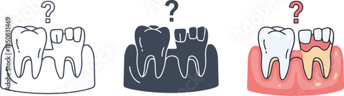 Illustration of a missing tooth with a question mark above it, representing dental problems and the need for treatment isolated on white background