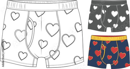 Boxer shorts with heart pattern isolated on white background mens underwear fashion flat sketch template vector illustration of underpants in different colors
