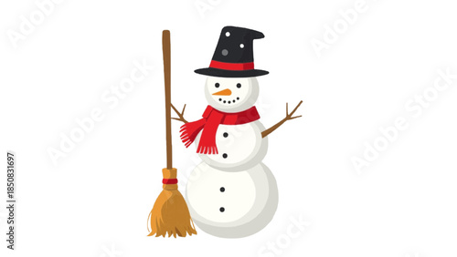 A cheerful snowman with a black hat, red scarf, and broom. The snowman is a classic symbol of winter and holiday cheer