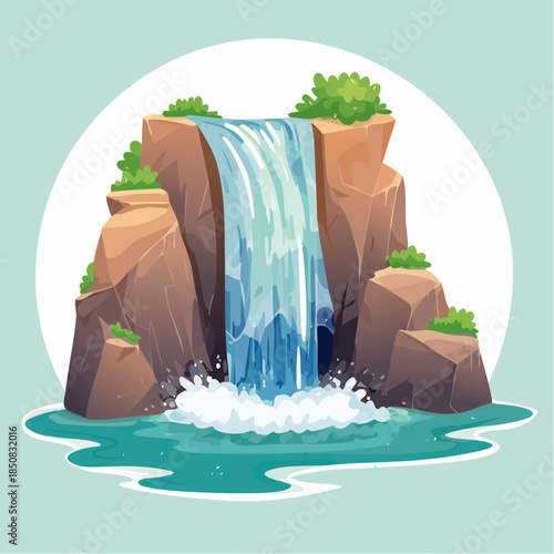 Cartoon illustration of a waterfall cascading over rocks into a pool of water, surrounded by greenery.