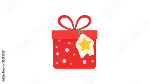 A red gift box decorated with white dots and tied with a ribbon, perfect for celebrations and presents. A tag is attached to the ribbon with a star