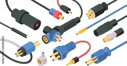 Computer cable and connector set with USB HDMI audio plugs, flat vector illustration for technology and digital devices