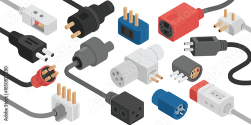 Isometric 3D illustration of electrical plugs adapters and connectors, power supply components set for technology and energy concepts